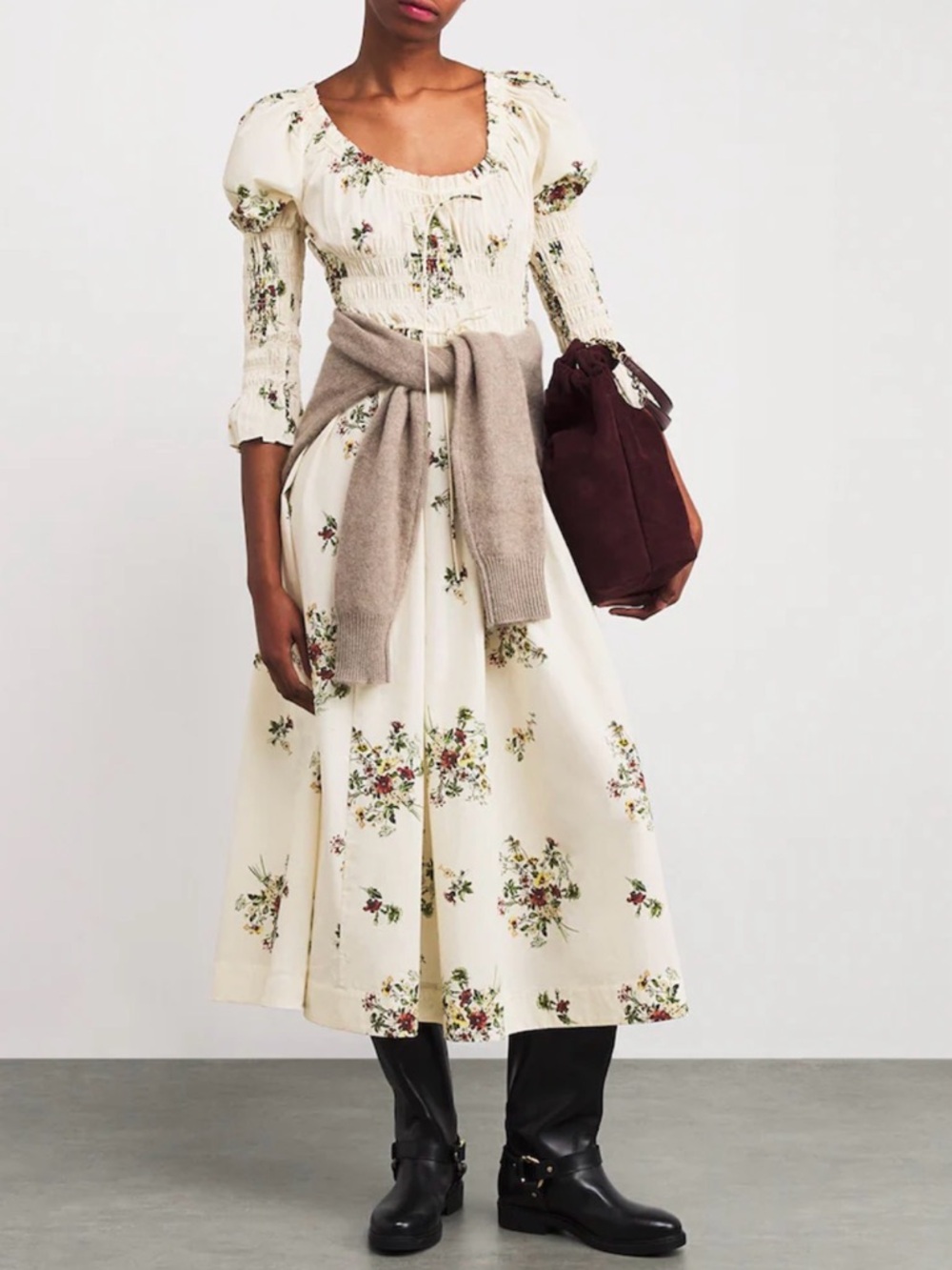Doen Kiara Cream Floral Puff-Sleeve Midi Dress Size XS